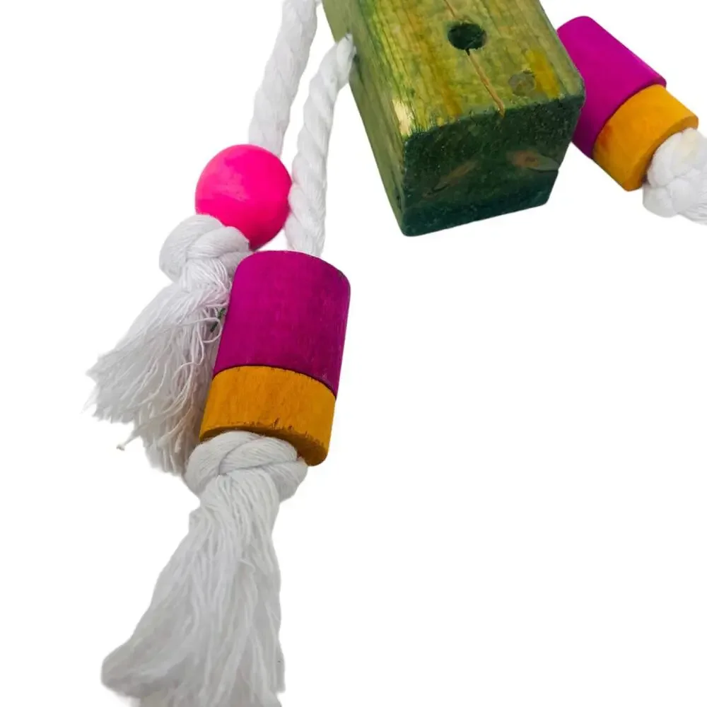 Big Wooden Block w/Cotton Rope & more Small wooden pieces on it Bird Chew Toy